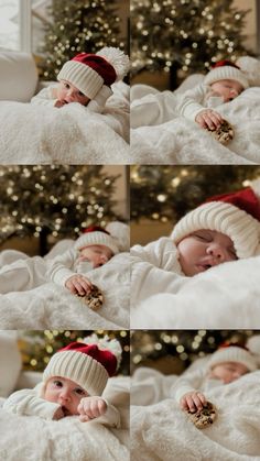 two pictures of a baby wearing a santa hat and laying on a bed in front of a christmas tree