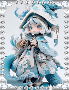 a blue and white figurine sitting on top of a metal frame with diamonds around it