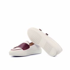 Custom Made Monk Sneakers in White and Burgundy Box Calf 3 Double Monk Strap, Silk Pocket Square, White Cups, Monk Strap, Custom Shoes, Nappa Leather, Mens Casual Shoes, White Sneaker, Italian Leather