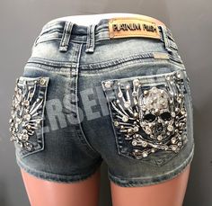 Turn heads in these blinged out, medium wash denim skull pocket shorts. These shorts have a comfy, stretchy fit, please see size chart below: Y2k Outfits Brown, Y2k Outfits Blue, Y2k Outfits Codes, Y2k Outfits Boys, Eminem Y2k, Earthy Y2k, Birthday Y2k, Couple Y2k, Everskies Y2k