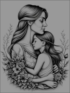 a mother holding her child in her arms and flowers around her neck, with the word mom written on it