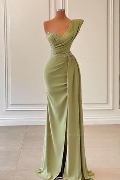 Elegant Green One-shoulder Sleeveless Mermaid Chiffon Prom Dresses with Beadings Robes Glamour, One Shoulder Prom Dress, Mermaid Prom Dress