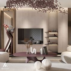 the living room is decorated in white and brown tones with flowers hanging from the ceiling