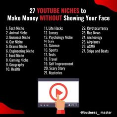 a hand holding a computer screen with the words 27 youtube niches to make money without showing