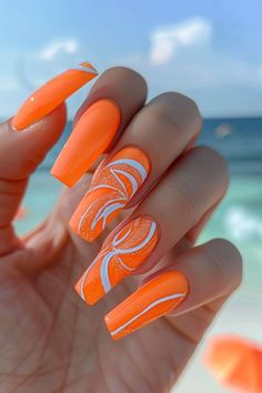 Bold Colored Nails, Neon Orange Nail Designs Summer, Summer Nail Art Designs 2024, Bold Summer Nails, Yellow Nails Simple, Orange Beach Nails, Nail Summer 2024, Fun Neon Nails, Beach Theme Nails