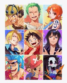 anime characters with different facial expressions and hair styles, all in various poses for the same image