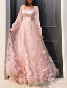 Birthday Dresses Long Dress, Floor Length Prom Dresses With Sleeves, Princess Dresses Long Sleeve, Tulle Prom Dress With Sleeves A Line, Prom Pastel Dress, Pretty Prom Dresses Long Sleeve Silk, Long Pink Dress With Sleeves, Long Prom Dress With Sleeves, Cute Prom Dresses Long Sleeve