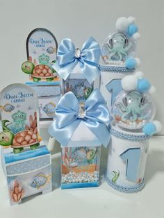 baby shower gift set with blue and white decorations