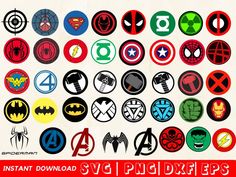 an image of the avengers logos in various colors and sizes on a white background with red text