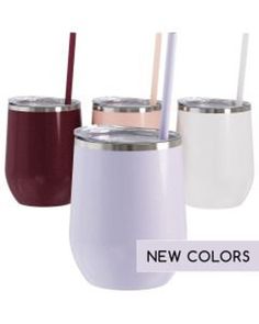 three different colored tumblers with straws in them and the words new colors below