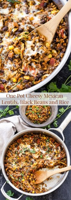 one pot cheesy mexican lentils, black beans and rice is ready to be eaten