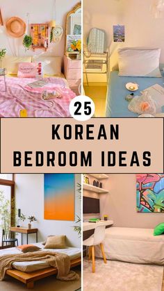 A collage of cozy Korean bedroom designs showcasing a mix of styles. The image features light pastel colors, minimalistic decor, and elements like plants and modern furniture. Text overlay reads "25 Korean Bedroom Ideas," hinting at stylish inspiration for home decor.