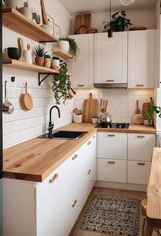 a kitchen with white cabinets and wooden counter tops, plants on the shelf above the sink