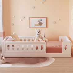 two teddy bears sitting in a white crib next to a baby's bed