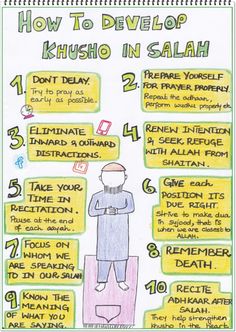 a poster with instructions on how to develo khusho in salah and other things