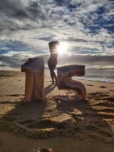 a dog standing on top of a sandy beach next to an inflatable number six