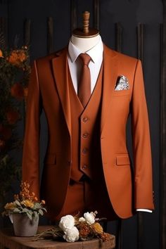 Men's Suit - Elegant Rust Color Three Piece Suit for Men -Formal Wedding Attire- Tailored Fit Listing Include (Coat + Vest + Pant) Fabric:- Premium Color:- Rust Machine Washable:- No Dry Clean Only The suit is for wedding, Party, Proms, and Etc Express Shipping to world-wide but Remote Area May Take Longer Little color variation may possible due to photography and lights Rust Suit Wedding, Burnt Orange Suit, Three Piece Suit For Men, Surprise 40th, Groomsmen Party, Suits Groom, Formal Wedding Attire, Orange Suit, Classy Wear