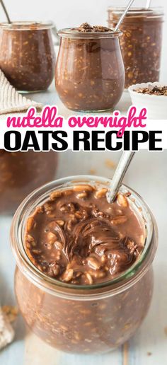 chocolate overnight oats recipe in a mason jar with spoons and text overlay