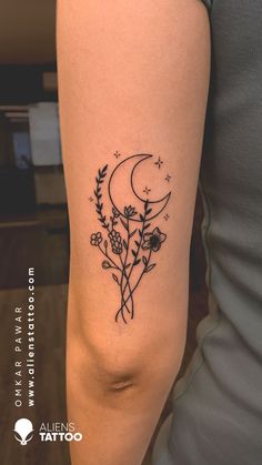 Floral crescent moon tattoo at aliens tattoo studio. Simple Tattoos Minimalist, Matching Floral Tattoos For Best Friends, Feminine Thigh Tattoos Small, May Taurus Tattoo, Front Of Forearm Tattoo Women, Inner Forearm Tattoos For Women Simple, Arm Tattoos For Women With Color, Flower And Stars Tattoo Designs, Inside Forearm Tattoo Women Flower