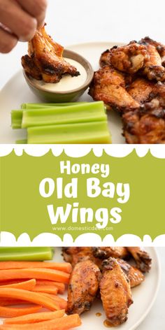 honey old bay wings with carrots and celery