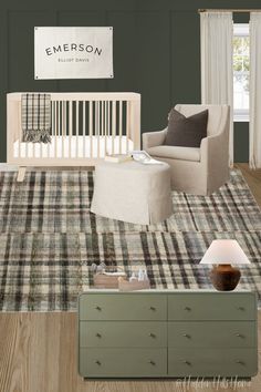 Baby boys nursery decor with brown and green tones! Boys nursery with a light wood crib in front of a dark green wall Forest Green And Grey Nursery Boy, Green Plaid Nursery, Green Gray Brown Nursery, Boy Nursery Mood Board, Football Theme Nursery, Sage Green Nursery Cribs & Toddler Beds, Sage Green Nursery Boy Cribs & Toddler Beds, Plaid Nursery