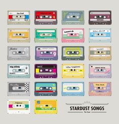 a bunch of different colored cassettes with the words stardust songs written on them