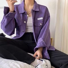 Purple Jacket Outfit, Purple Cardigan Outfits, Casual College Outfits, Fashion Top Outfits, Purple Cardigan, Purple Outfits, Everyday Fashion Outfits, Purple Jacket, Jacket Outfit