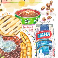 a drawing of some food that is on a plate and in a glass jar next to it