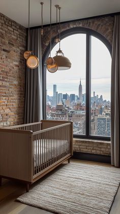 Chic gender-neutral nursery with NYC skyline views, arched window, vintage furniture, and soft lighting in a contemporary New York Nursery, Bedroom Nursery Combo, Stunning Nursery, Iconic New York