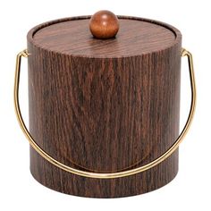 a wooden box with a golden handle and lid