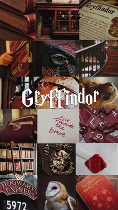 a collage of harry potter images with the words glyffindor