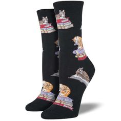 Cats On Books Women's Crew Socks - Black - John's Crazy Socks Cats On Books, Reading Socks, Cats Sitting, Cats And Books, Book Socks, Cat Reading, Women Crew Socks, Cat Socks, Literary Gifts