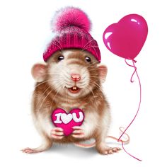 a rat with a purple hat holding a heart shaped balloon and the word i love you written on it