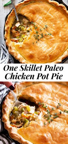 one skillet paleo chicken pot pie in a cast iron pan