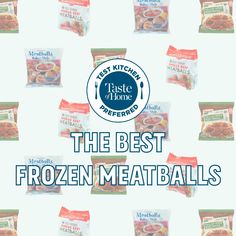 the best frozen meatballs are on display in front of a white background with blue lettering