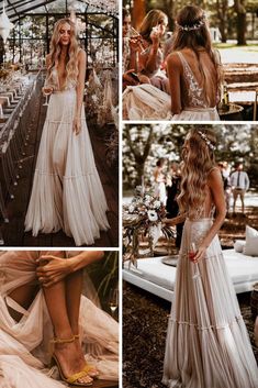 four different pictures of a woman in a wedding dress