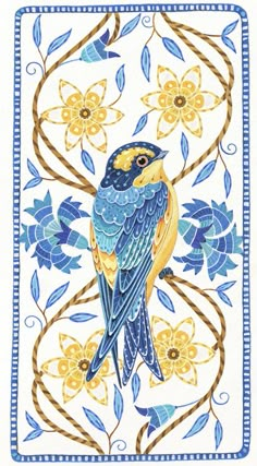 a blue and yellow bird sitting on top of a white tile covered in leaves, vines and flowers