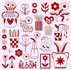 a bunch of flowers and vases are drawn in red ink on a pink background