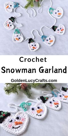 crochet snowman garland is shown on the table