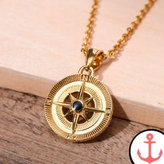 Stone Compass Necklace Gold Compass Design Necklace In Stainless Steel, Gold Stainless Steel Necklace With Compass Design, Gold Stainless Steel Compass Necklace, Nautical Style Metal Jewelry Gift, Metal Compass Design Round Necklace, Stainless Steel Anchor Necklace For Gift, Stainless Steel Anchor Necklace For Gifts, Gold Anchor Necklace In Nautical Style, Gold Nautical Anchor Necklace