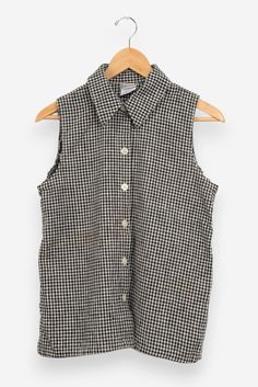 vintage 90s black and white gingham button up tank top size small Cotton Button-up Vest Top, Plaid Buttoned Tops For Summer, Summer Plaid Tops With Buttons, Casual Gingham Tops With Buttons, Casual Plaid Vest Top, Sleeveless Gingham Cotton Top, Summer Casual Houndstooth Top, Casual Houndstooth Summer Top, Casual Houndstooth Top For Summer