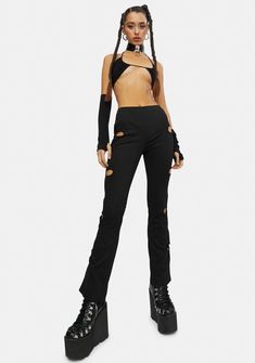 Club Exx Cut Out Flower Flare Pants - Black – Dolls Kill Edgy Flare Pants For Party, Stretch Edgy Pants For Streetwear, Edgy Stretch Elastane Pants, Punk Style Stretch Straight Leg Pants, Stretch Straight Leg Punk Pants, Fitted Black Bottoms With Cutout Details, Fitted Black Bottoms With Cutout, Fitted Black Cutout Bottoms, Fitted Cutout Bottoms For Night Out