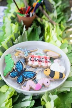 decorated cookies in the shape of animals and bees on a plate with greenery around it