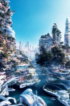 an artist's rendering of a futuristic city surrounded by trees and boats in the water