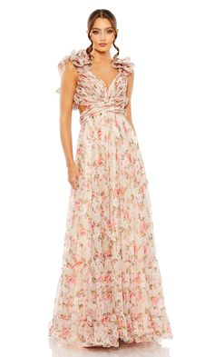 Pastel floral print a-line formal dress with empire waist, cut out sides and open back. Chiffon Floral Dress, Tiered Prom Dress, Cutout Gown, V Neck Prom Dresses, Floral Chiffon Dress, Chiffon Floral, Floral Gown, High Quality Dress, Mac Duggal