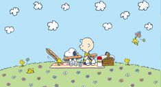 a cartoon character sitting on top of a blanket next to a picnic table filled with food