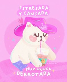 a white cat wearing a pink hat and holding a drink