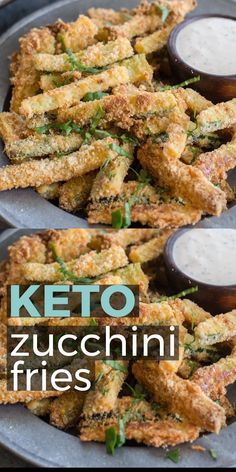 keto zucchini fries on a plate with ranch dips in the background