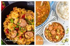 two pictures with different types of food in them and the same one has rice on it