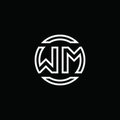 the letter m is inscribed in a circle on a black background with white letters and lines